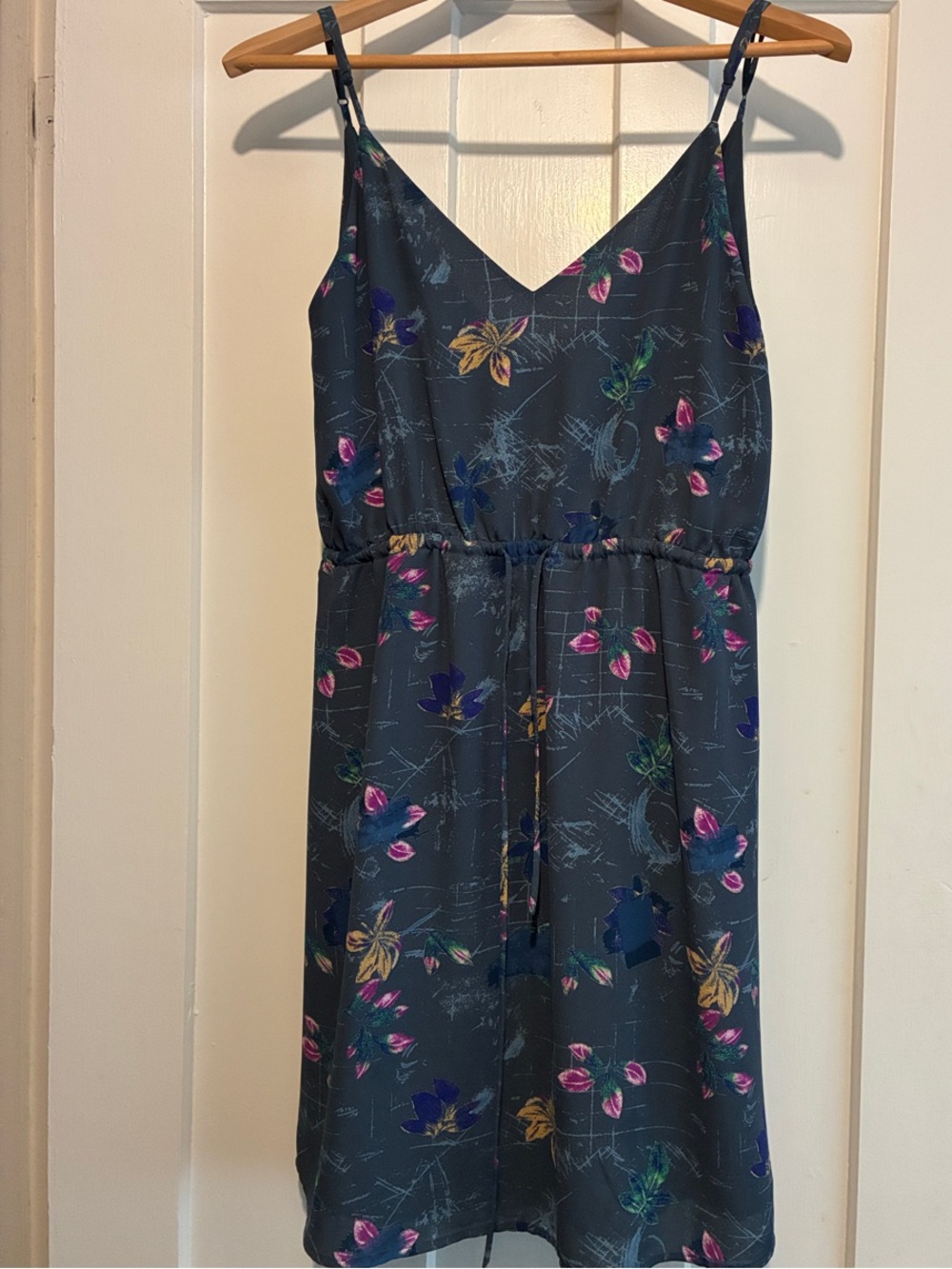 Aritzia - Babaton Blue Floral Drawstring Spaghetti-Strap Mini Dress, cross back